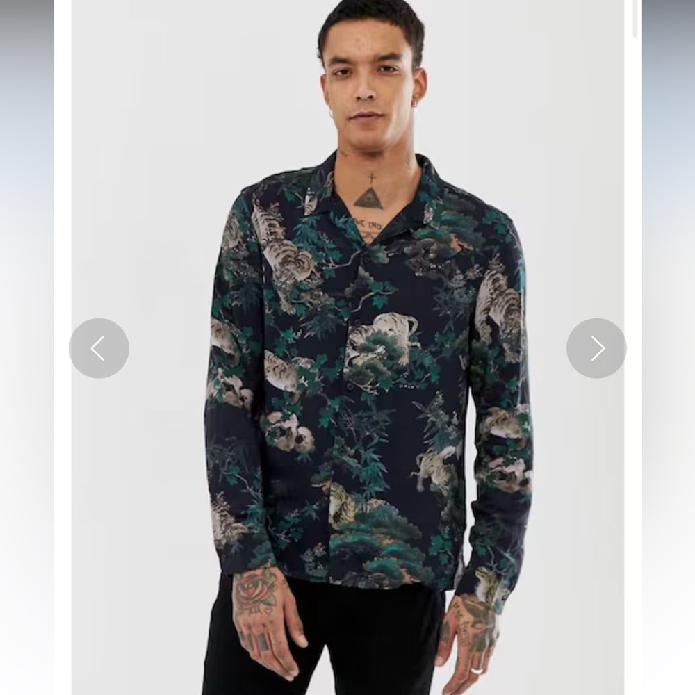 All Saints Revere Collar Shirt In Black With Tiger Print